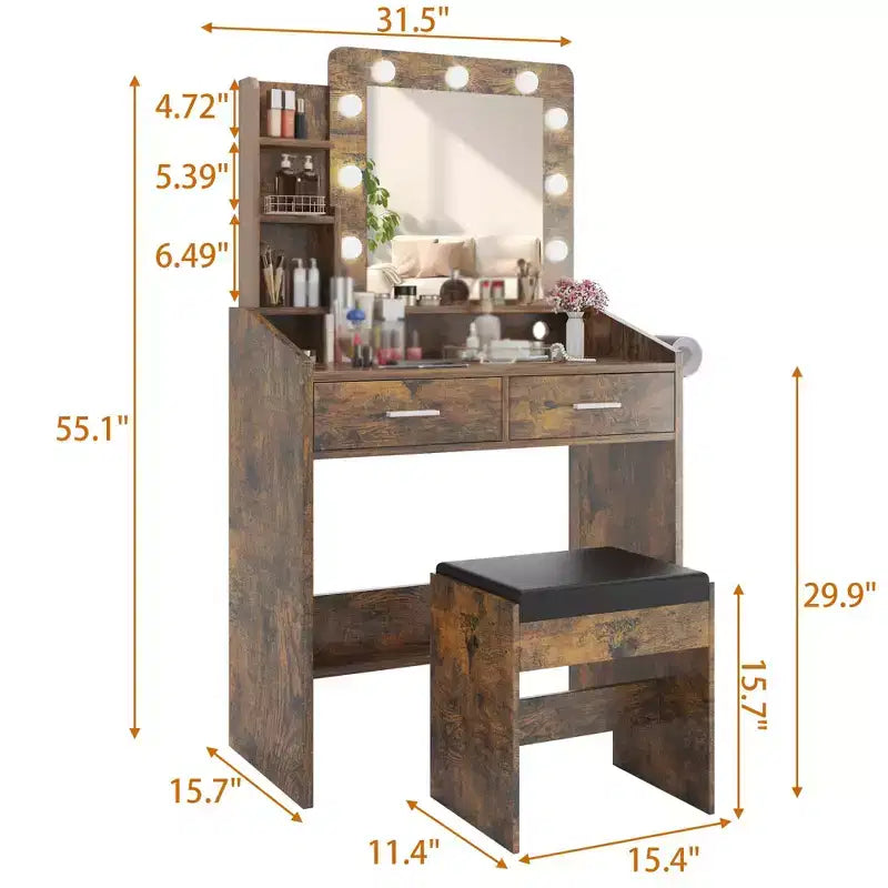 Makeup Vanity with Lights, Vanity Desk with Mirror and Lights Set, Large Drawer and Two-Tier Lots Storage Cabinet, 3 Lighting Modes