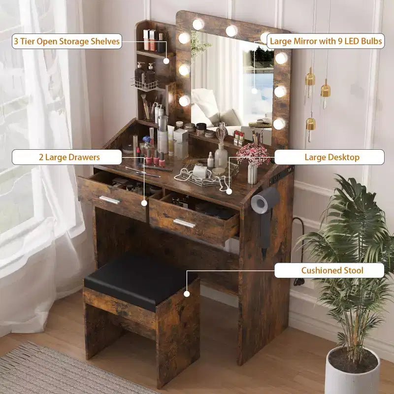 Makeup Vanity with Lights, Vanity Desk with Mirror and Lights Set, Large Drawer and Two-Tier Lots Storage Cabinet, 3 Lighting Modes