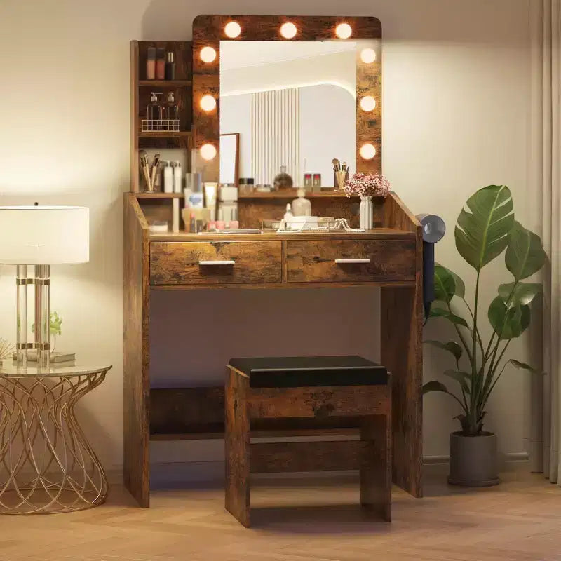 Makeup Vanity with Lights, Vanity Desk with Mirror and Lights Set, Large Drawer and Two-Tier Lots Storage Cabinet, 3 Lighting Modes