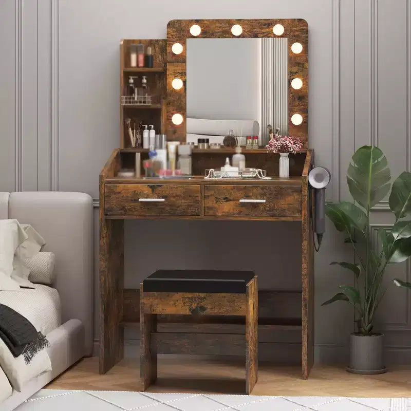 Makeup Vanity with Lights, Vanity Desk with Mirror and Lights Set, Large Drawer and Two-Tier Lots Storage Cabinet, 3 Lighting Modes