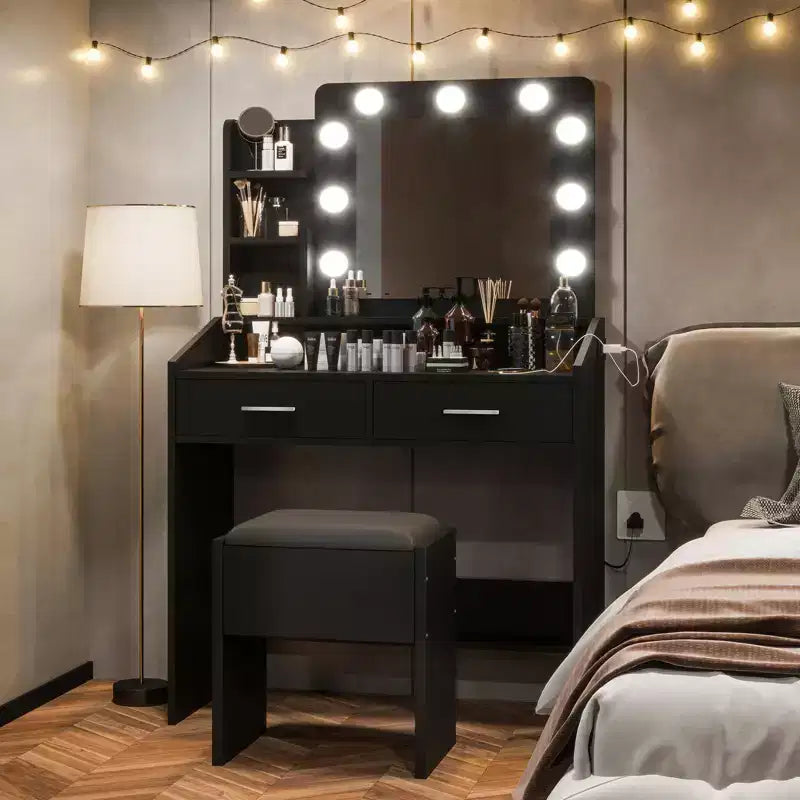 Makeup Vanity with Lights, Vanity Desk with Mirror and Lights Set, Large Drawer and Two-Tier Lots Storage Cabinet, 3 Lighting Modes