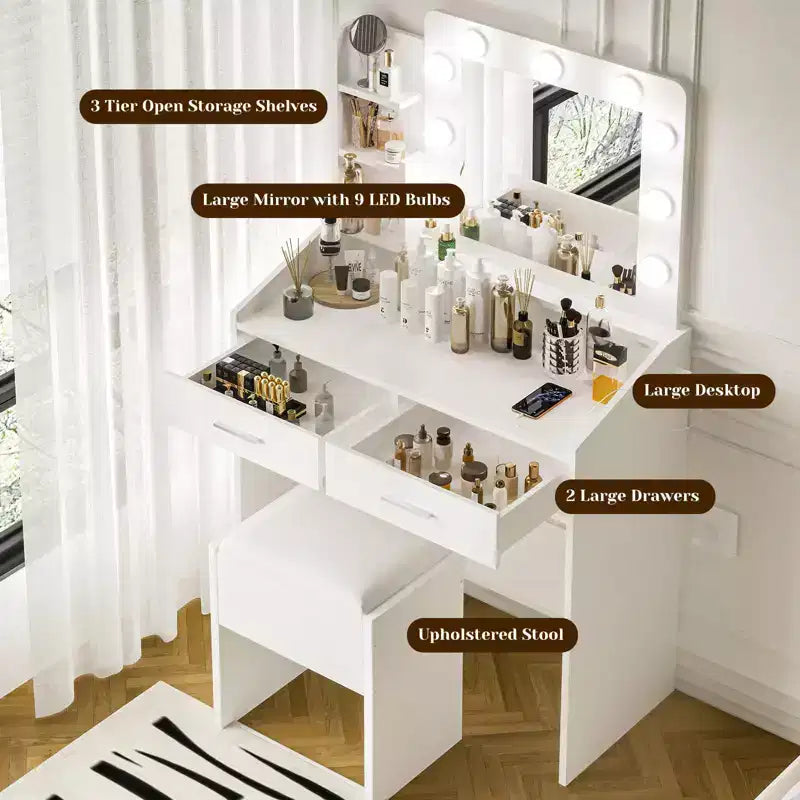 Makeup Vanity with Lights, Vanity Desk with Mirror and Lights Set, Large Drawer and Two-Tier Lots Storage Cabinet, 3 Lighting Modes