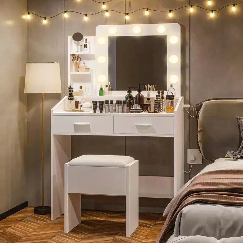 Makeup Vanity with Lights, Vanity Desk with Mirror and Lights Set, Large Drawer and Two-Tier Lots Storage Cabinet, 3 Lighting Modes