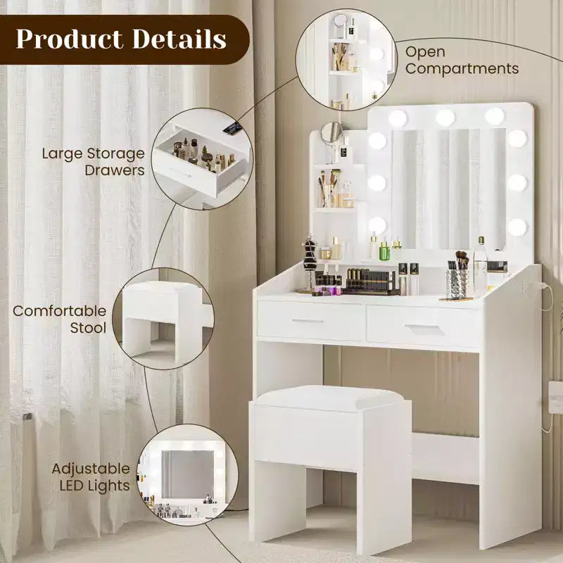 Makeup Vanity with Lights, Vanity Desk with Mirror and Lights Set, Large Drawer and Two-Tier Lots Storage Cabinet, 3 Lighting Modes