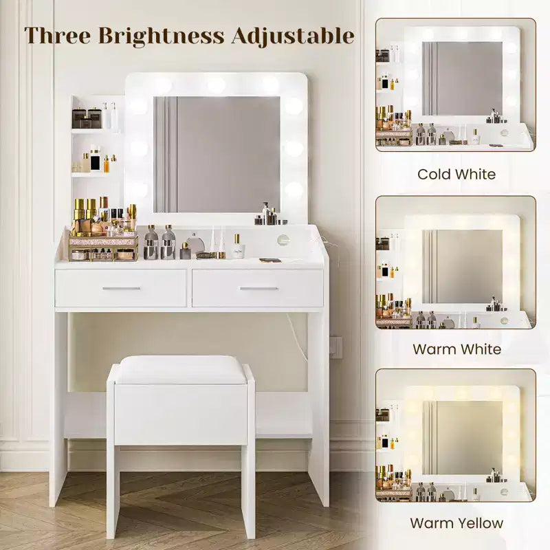 Makeup Vanity with Lights, Vanity Desk with Mirror and Lights Set, Large Drawer and Two-Tier Lots Storage Cabinet, 3 Lighting Modes