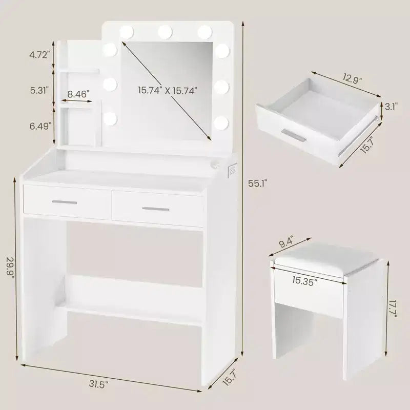 Makeup Vanity with Lights, Vanity Desk with Mirror and Lights Set, Large Drawer and Two-Tier Lots Storage Cabinet, 3 Lighting Modes