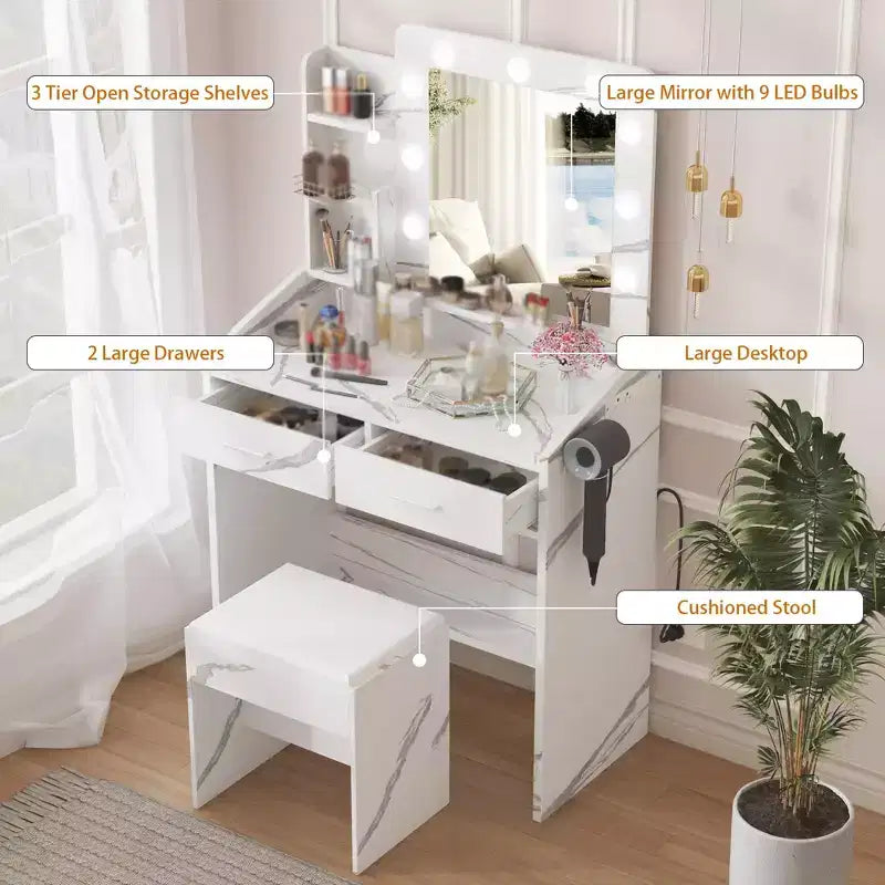 Makeup Vanity with Lights, Vanity Desk with Mirror and Lights Set, Large Drawer and Two-Tier Lots Storage Cabinet, 3 Lighting Modes