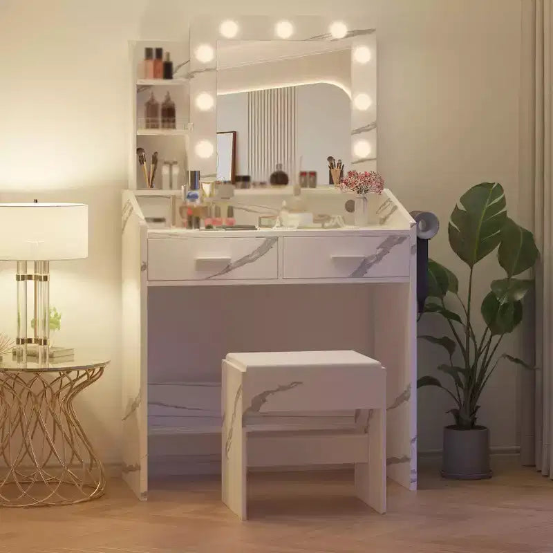Makeup Vanity with Lights, Vanity Desk with Mirror and Lights Set, Large Drawer and Two-Tier Lots Storage Cabinet, 3 Lighting Modes