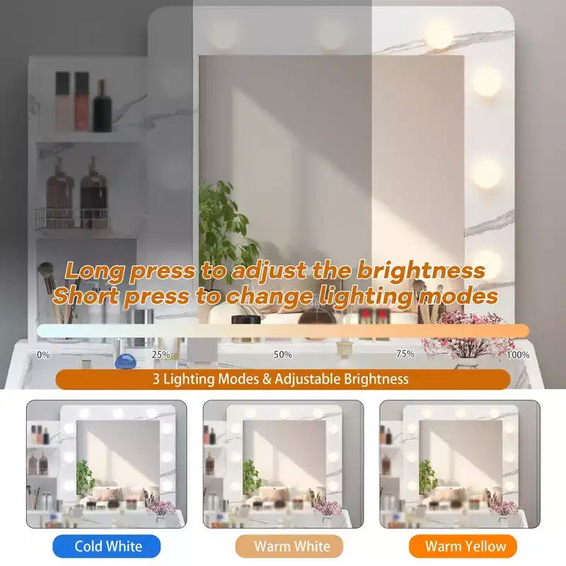 Makeup Vanity with Lights, Vanity Desk with Mirror and Lights Set, Large Drawer and Two-Tier Lots Storage Cabinet, 3 Lighting Modes