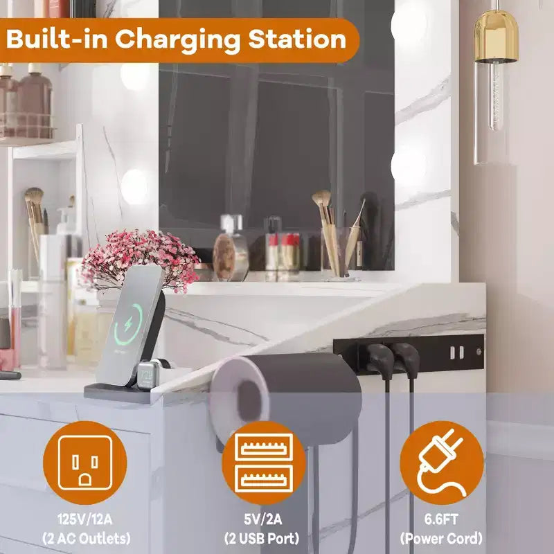 Makeup Vanity with Lights, Vanity Desk with Mirror and Lights Set, Large Drawer and Two-Tier Lots Storage Cabinet, 3 Lighting Modes