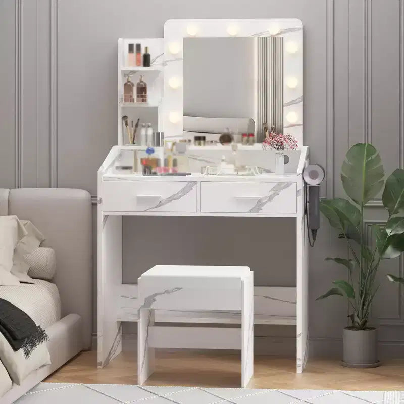Makeup Vanity with Lights, Vanity Desk with Mirror and Lights Set, Large Drawer and Two-Tier Lots Storage Cabinet, 3 Lighting Modes
