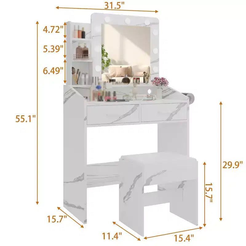 Makeup Vanity with Lights, Vanity Desk with Mirror and Lights Set, Large Drawer and Two-Tier Lots Storage Cabinet, 3 Lighting Modes