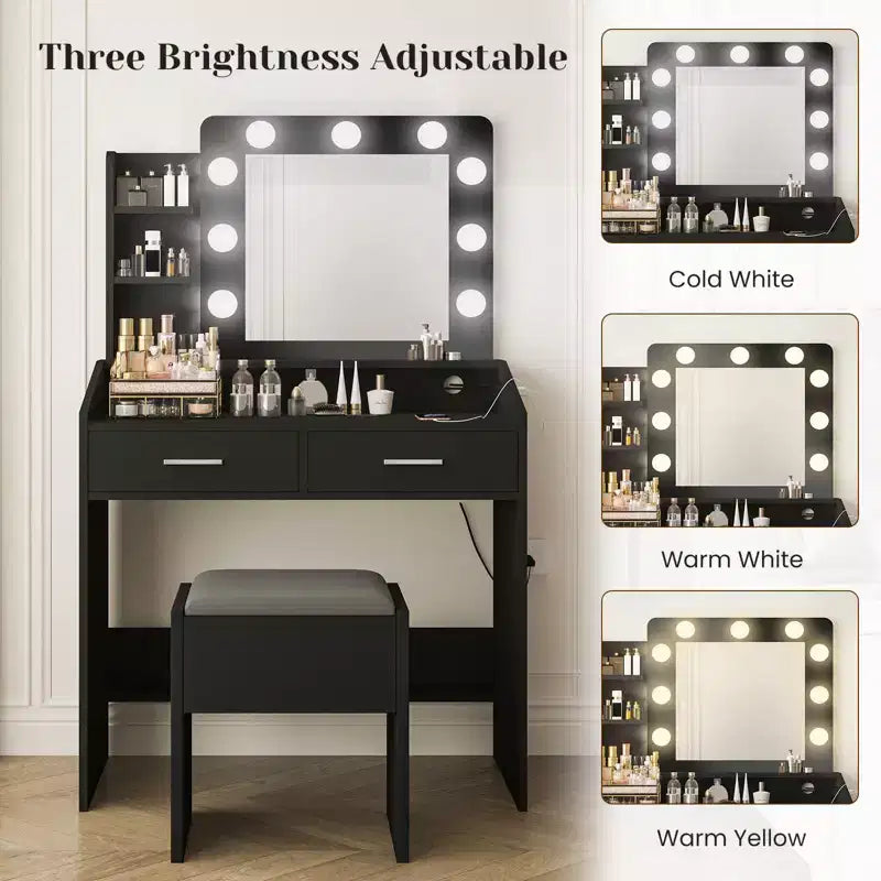 Makeup Vanity with Lights, Vanity Desk with Mirror and Lights Set, Large Drawer and Two-Tier Lots Storage Cabinet, 3 Lighting Modes