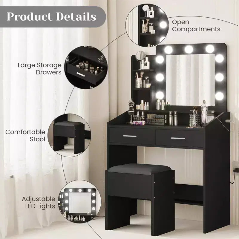 Makeup Vanity with Lights, Vanity Desk with Mirror and Lights Set, Large Drawer and Two-Tier Lots Storage Cabinet, 3 Lighting Modes