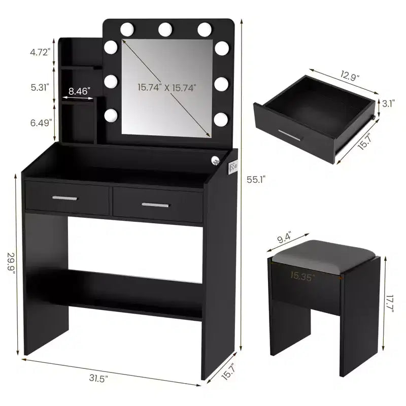 Makeup Vanity with Lights, Vanity Desk with Mirror and Lights Set, Large Drawer and Two-Tier Lots Storage Cabinet, 3 Lighting Modes