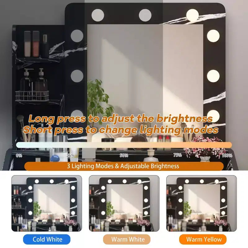 Makeup Vanity with Lights, Vanity Desk with Mirror and Lights Set, Large Drawer and Two-Tier Lots Storage Cabinet, 3 Lighting Modes