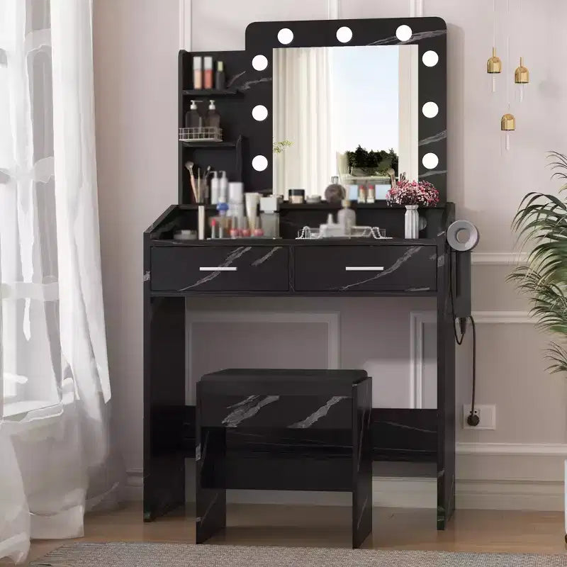Makeup Vanity with Lights, Vanity Desk with Mirror and Lights Set, Large Drawer and Two-Tier Lots Storage Cabinet, 3 Lighting Modes