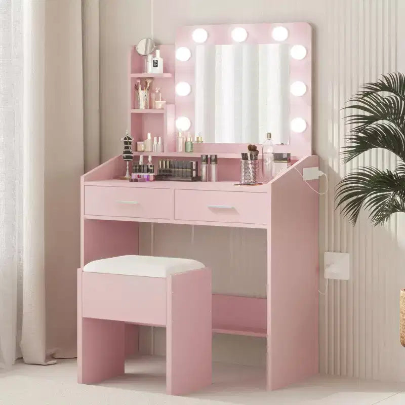 Makeup Vanity with Lights, Vanity Desk with Mirror and Lights Set, Large Drawer and Two-Tier Lots Storage Cabinet, 3 Lighting Modes