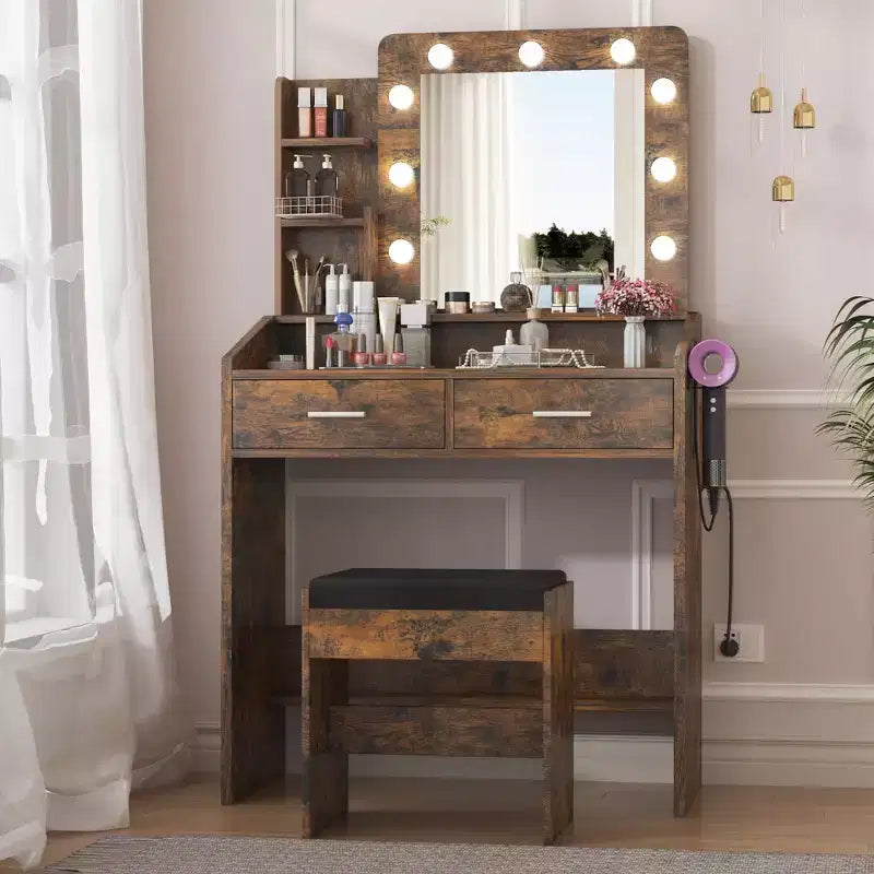 Makeup Vanity with Lights, Vanity Desk with Mirror and Lights Set, Large Drawer and Two-Tier Lots Storage Cabinet, 3 Lighting Modes