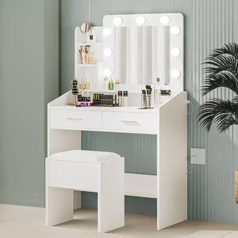 Makeup Vanity with Lights, Vanity Desk with Mirror and Lights Set, Large Drawer and Two-Tier Lots Storage Cabinet, 3 Lighting Modes