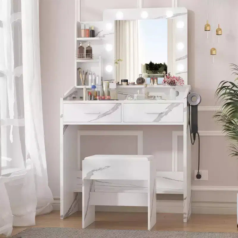 Makeup Vanity with Lights, Vanity Desk with Mirror and Lights Set, Large Drawer and Two-Tier Lots Storage Cabinet, 3 Lighting Modes