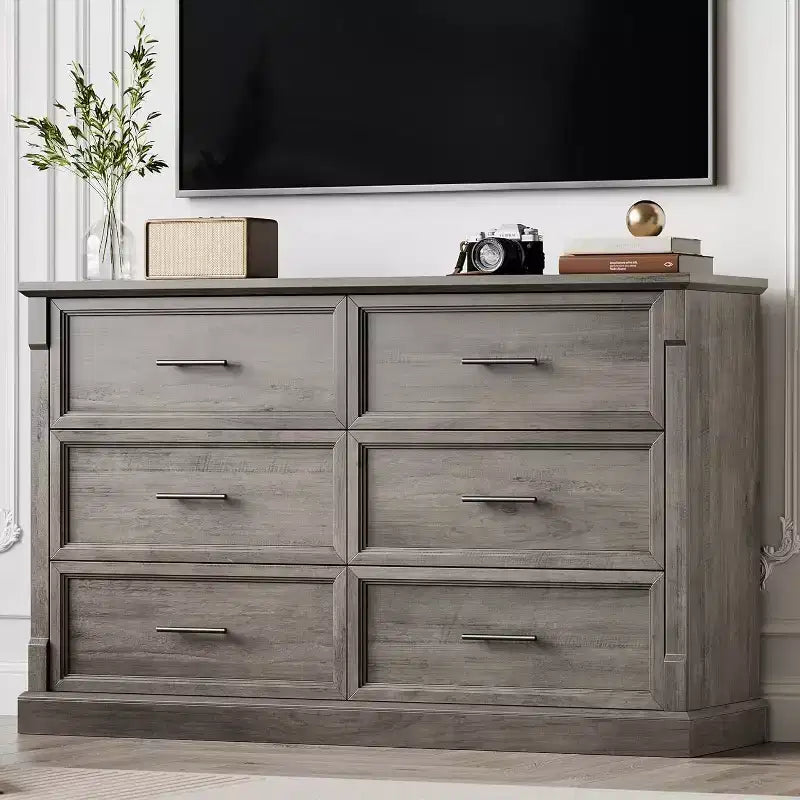 COZONY 47 6-Drawer Farmhouse Dresser  Rustic Wooden Double Chest with Metal Handles for Bedroom, Living Room & Hallway Storage