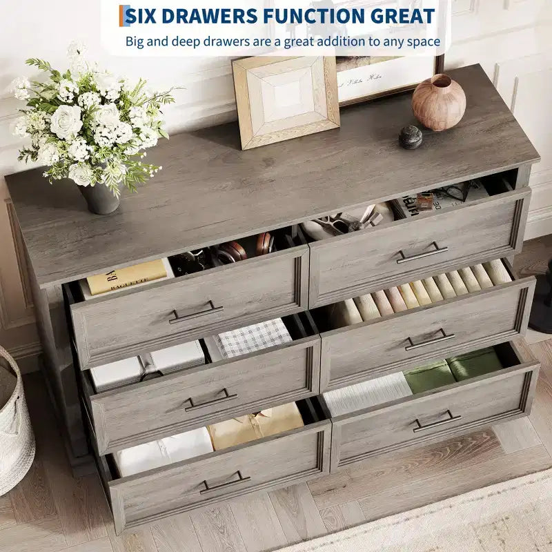 COZONY 47 6-Drawer Farmhouse Dresser  Rustic Wooden Double Chest with Metal Handles for Bedroom, Living Room & Hallway Storage