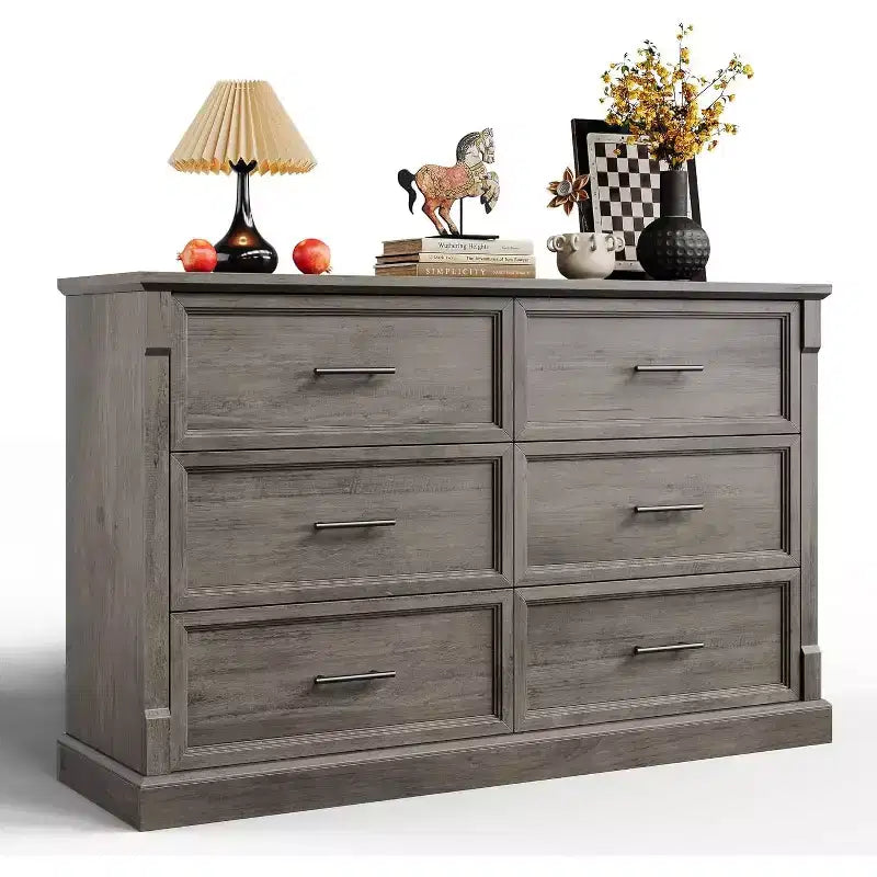 COZONY 47 6-Drawer Farmhouse Dresser  Rustic Wooden Double Chest with Metal Handles for Bedroom, Living Room & Hallway Storage