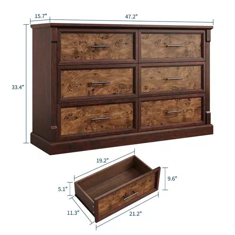 COZONY 47 6-Drawer Farmhouse Dresser  Rustic Wooden Double Chest with Metal Handles for Bedroom, Living Room & Hallway Storage