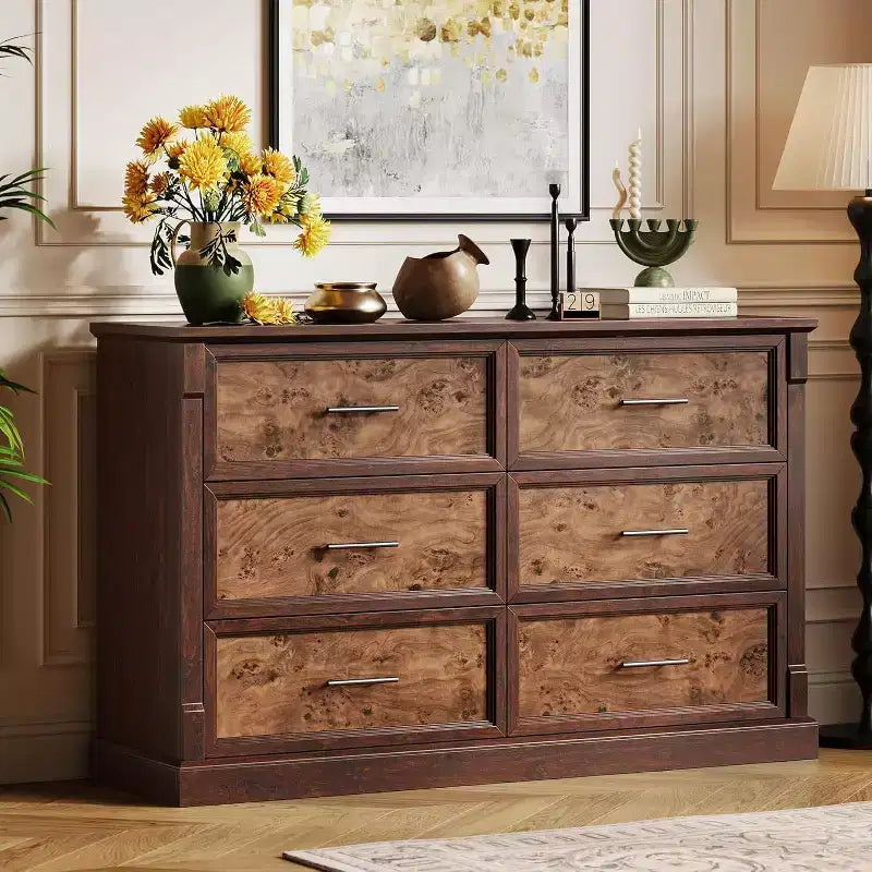 COZONY 47 6-Drawer Farmhouse Dresser  Rustic Wooden Double Chest with Metal Handles for Bedroom, Living Room & Hallway Storage
