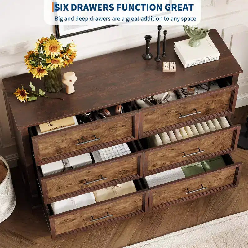 COZONY 47 6-Drawer Farmhouse Dresser  Rustic Wooden Double Chest with Metal Handles for Bedroom, Living Room & Hallway Storage