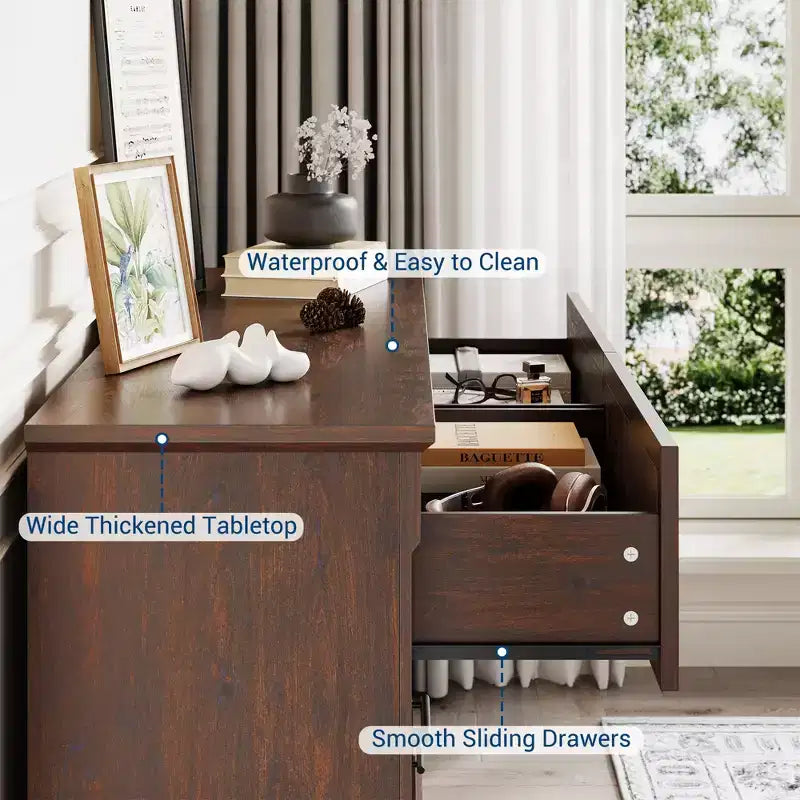 COZONY 47 6-Drawer Farmhouse Dresser  Rustic Wooden Double Chest with Metal Handles for Bedroom, Living Room & Hallway Storage