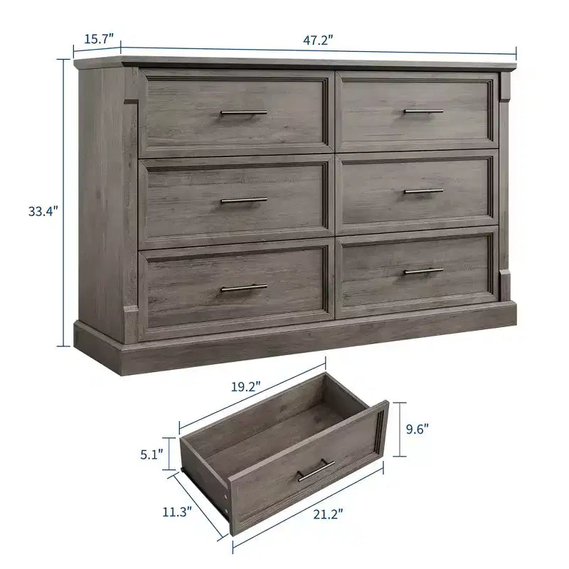 COZONY 47 6-Drawer Farmhouse Dresser  Rustic Wooden Double Chest with Metal Handles for Bedroom, Living Room & Hallway Storage