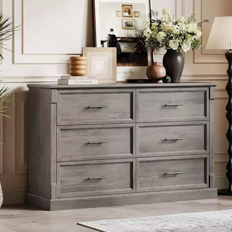 COZONY 47 6-Drawer Farmhouse Dresser  Rustic Wooden Double Chest with Metal Handles for Bedroom, Living Room & Hallway Storage