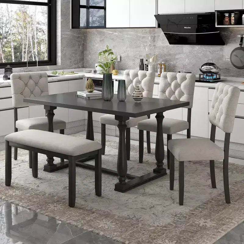Dining Table Set for 6 with Bench Rectangular Table and 4 Upholstered Chairs for Kitchen