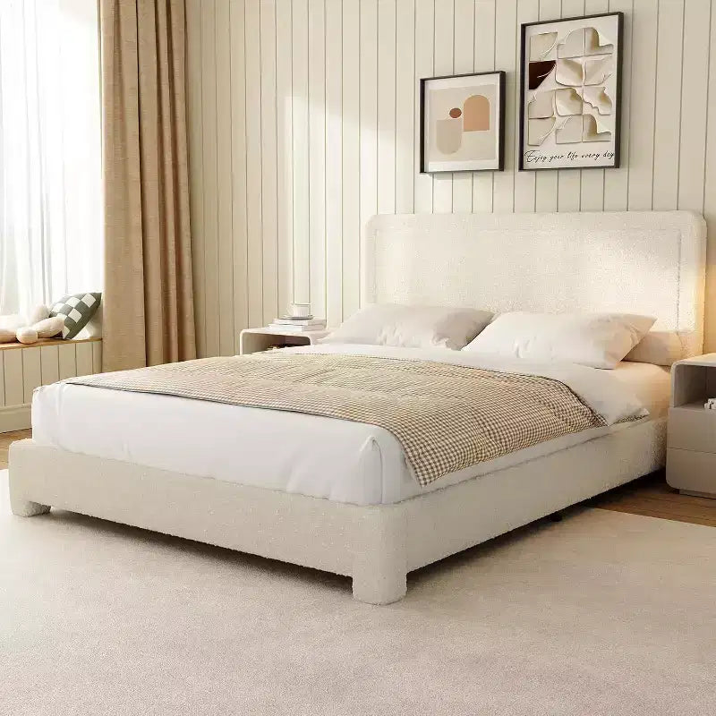 Dyonery Boucle Bed Frame, Modern Cream Bed Frame with Headboard, Soft Rounded Corners, No Box Spring Required, Adjustable Headboard, Easy Assembly