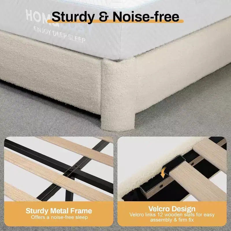 Dyonery Boucle Bed Frame, Modern Cream Bed Frame with Headboard, Soft Rounded Corners, No Box Spring Required, Adjustable Headboard, Easy Assembly