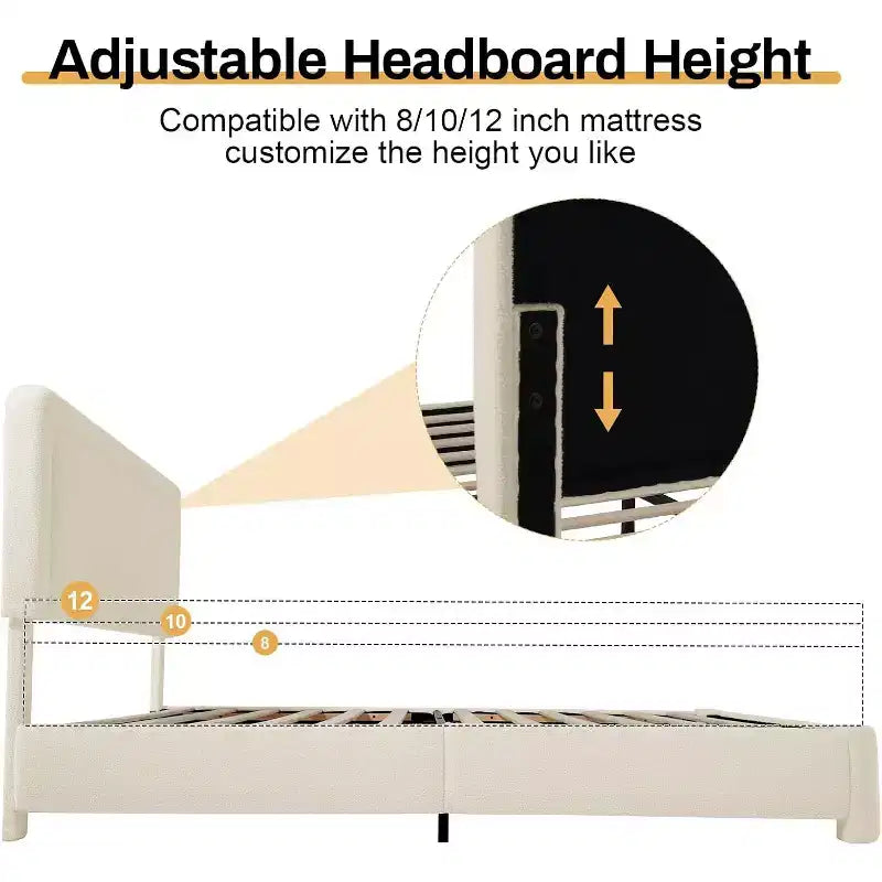 Dyonery Boucle Bed Frame, Modern Cream Bed Frame with Headboard, Soft Rounded Corners, No Box Spring Required, Adjustable Headboard, Easy Assembly
