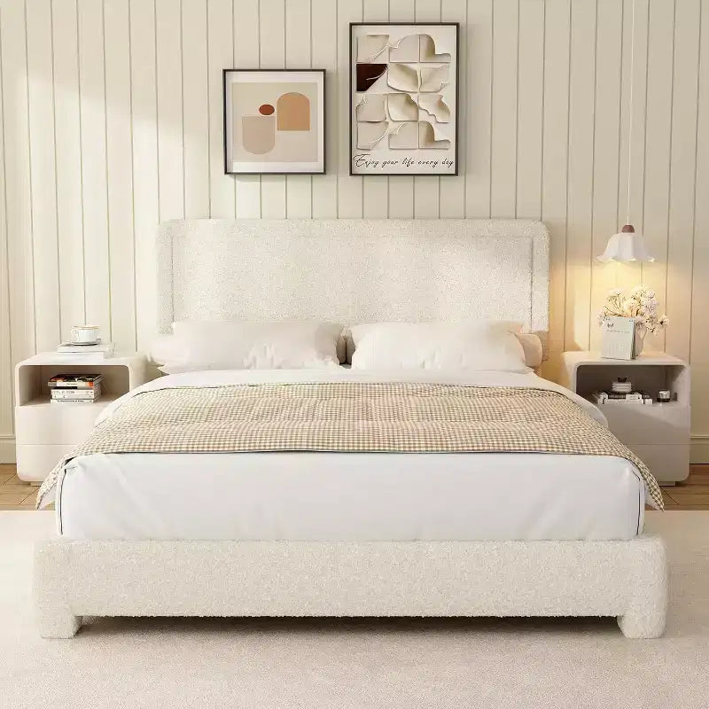 Dyonery Boucle Bed Frame, Modern Cream Bed Frame with Headboard, Soft Rounded Corners, No Box Spring Required, Adjustable Headboard, Easy Assembly