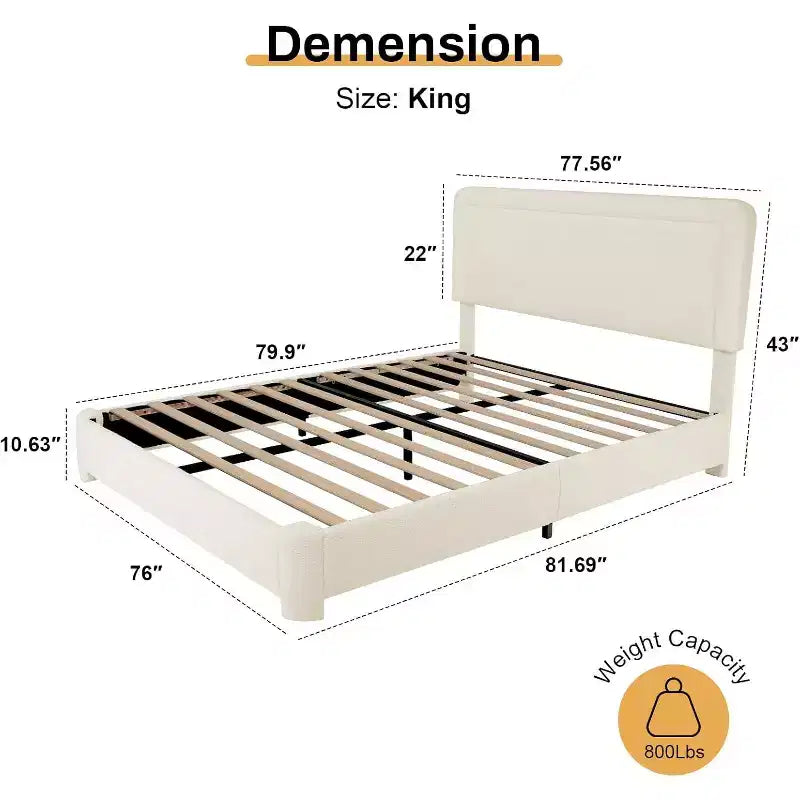 Dyonery Boucle Bed Frame, Modern Cream Bed Frame with Headboard, Soft Rounded Corners, No Box Spring Required, Adjustable Headboard, Easy Assembly