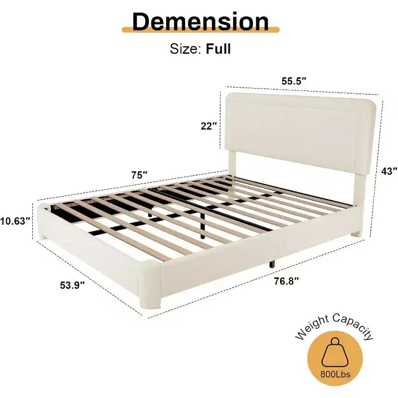 Dyonery Boucle Bed Frame, Modern Cream Bed Frame with Headboard, Soft Rounded Corners, No Box Spring Required, Adjustable Headboard, Easy Assembly