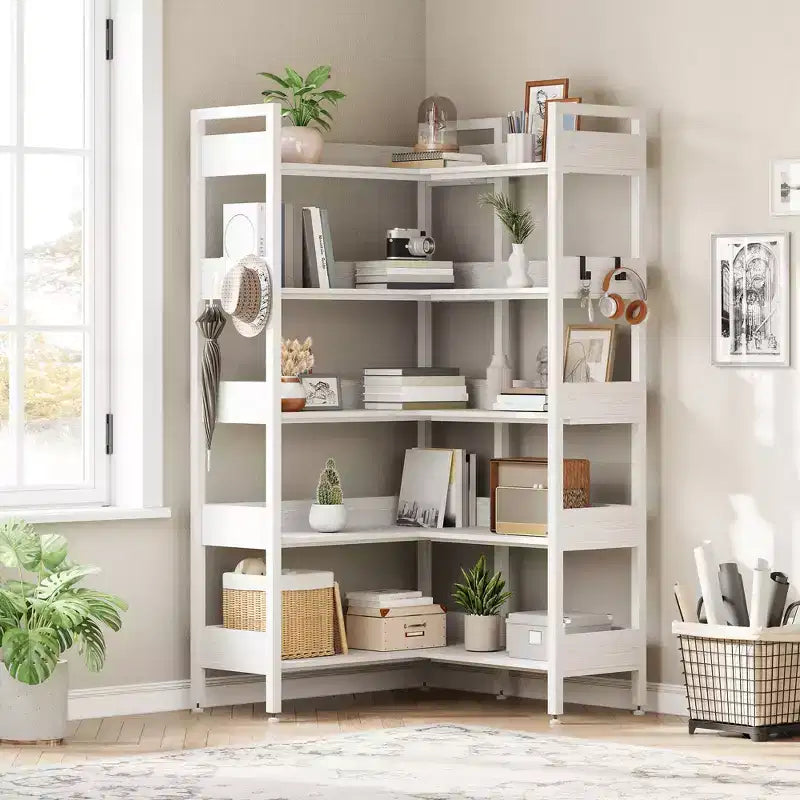 5-Tier Convertible Corner Bookshelf, L-Shaped Industrial Bookcase with Storage Display for Home, Office & Living Room