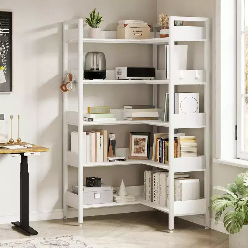 5-Tier Convertible Corner Bookshelf, L-Shaped Industrial Bookcase with Storage Display for Home, Office & Living Room