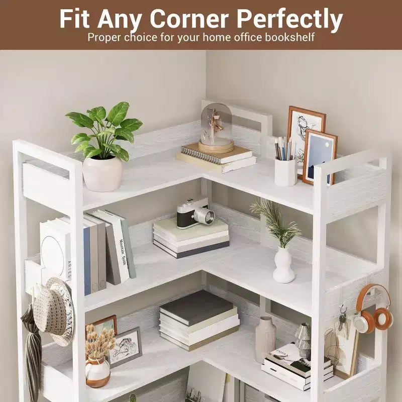 5-Tier Convertible Corner Bookshelf, L-Shaped Industrial Bookcase with Storage Display for Home, Office & Living Room