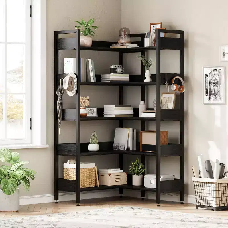 5-Tier Convertible Corner Bookshelf, L-Shaped Industrial Bookcase with Storage Display for Home, Office & Living Room