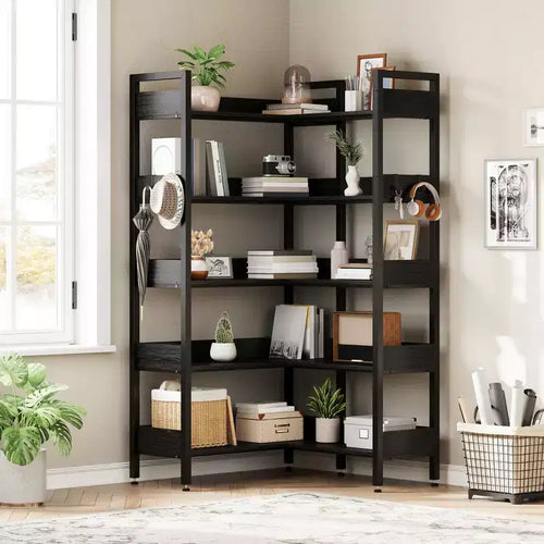 5-Tier Convertible Corner Bookshelf, L-Shaped Industrial Bookcase with Storage Display for Home, Office & Living Room