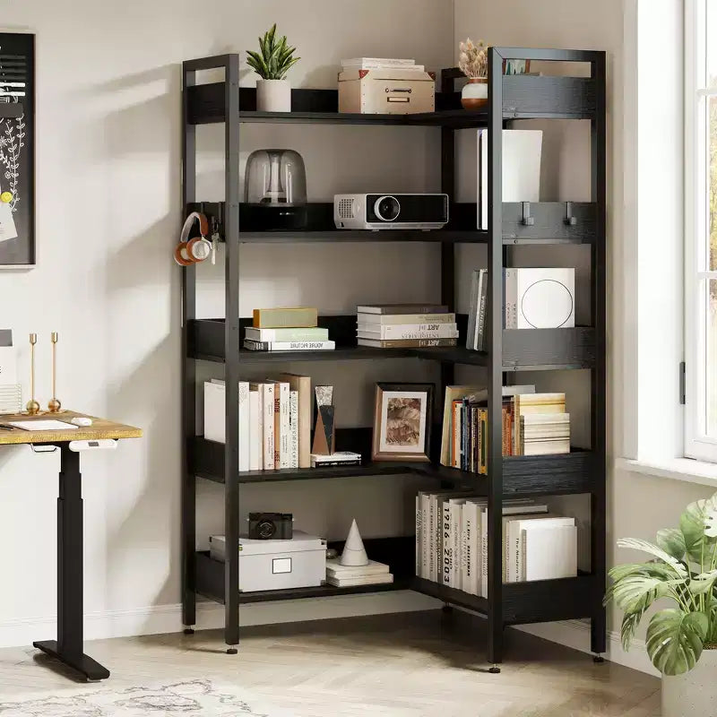 5-Tier Convertible Corner Bookshelf, L-Shaped Industrial Bookcase with Storage Display for Home, Office & Living Room