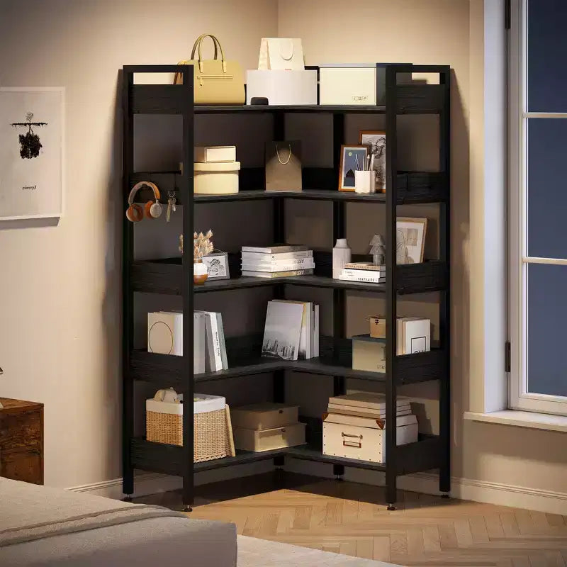 5-Tier Convertible Corner Bookshelf, L-Shaped Industrial Bookcase with Storage Display for Home, Office & Living Room
