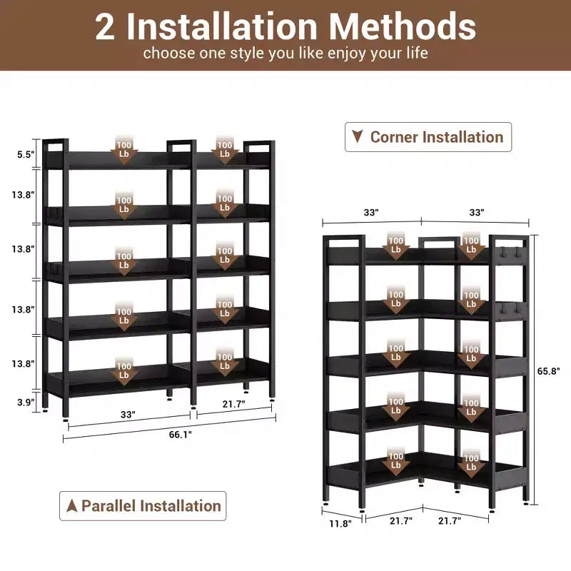 5-Tier Convertible Corner Bookshelf, L-Shaped Industrial Bookcase with Storage Display for Home, Office & Living Room