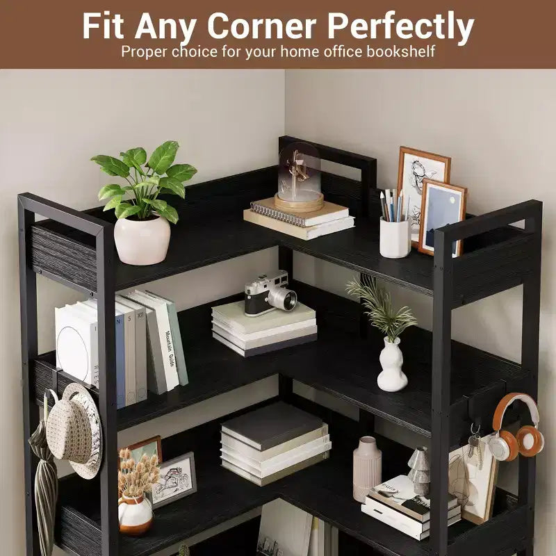 5-Tier Convertible Corner Bookshelf, L-Shaped Industrial Bookcase with Storage Display for Home, Office & Living Room